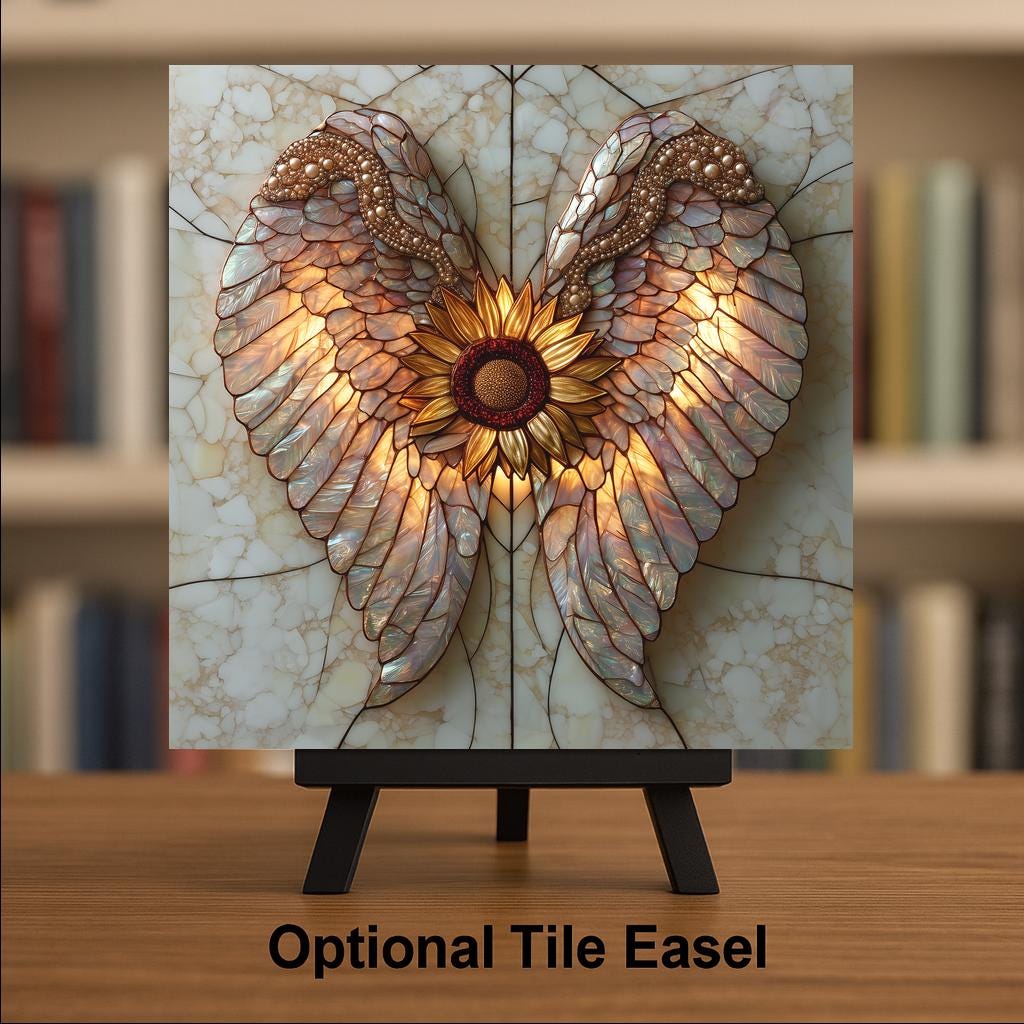 Angel Wings Sunflower Wall Art Ceramic Tile Celebration of Life Stained Glass Style Golden Opal Glass Decor