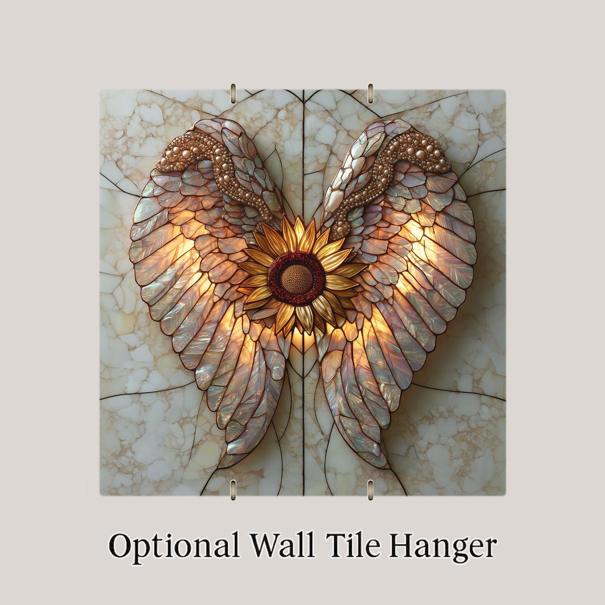 Angel Wings Sunflower Wall Art Ceramic Tile Celebration of Life Stained Glass Style Golden Opal Glass Decor