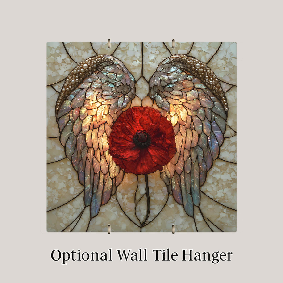 Angel Wings Red Poppy Wall Art Ceramic Tile Veteran Tribute Stained Glass Style Opal Glass Patriotic Decor