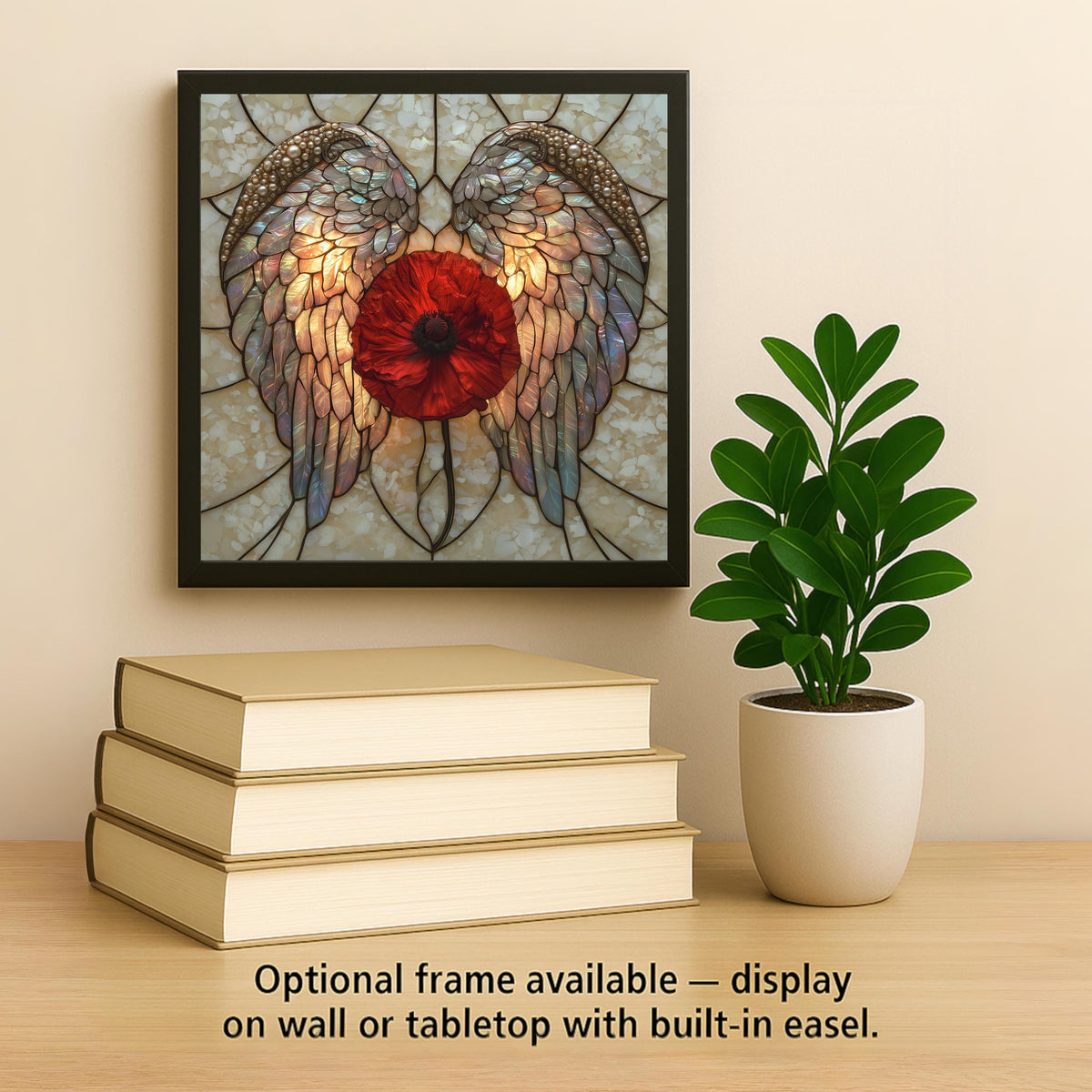 Angel Wings Red Poppy Wall Art Ceramic Tile Veteran Tribute Stained Glass Style Opal Glass Patriotic Decor