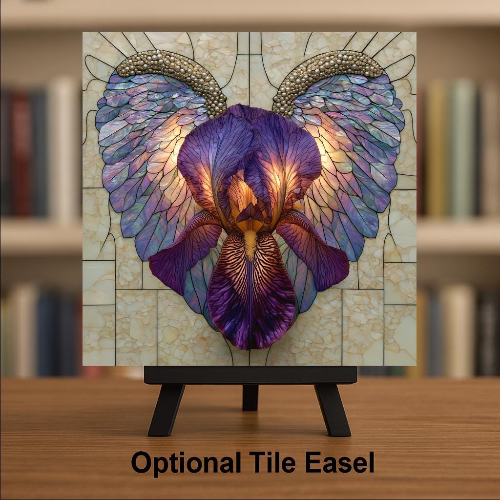 Angel Wings Purple Iris Wall Art Ceramic Tile Faith Keepsake Stained Glass Style Purple Opal Glass Decor