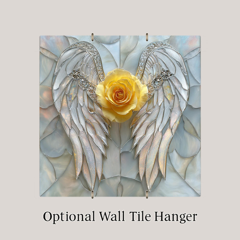 Angel Wings Yellow Rose Stained Glass Style Ceramic Art Tile – Memorial Wall Decor, Sympathy Remembrance Gift