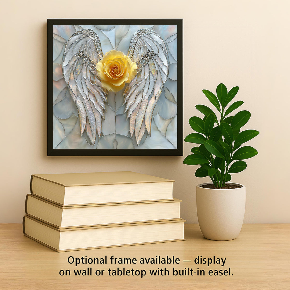 Angel Wings Yellow Rose Stained Glass Style Ceramic Art Tile – Memorial Wall Decor, Sympathy Remembrance Gift