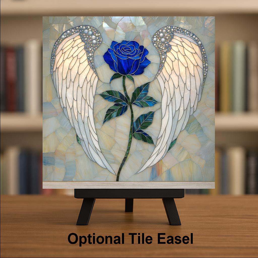 Angel Wings Blue Rose Stained Glass Style Ceramic Art Tile – Memorial Wall Decor, Sympathy Remembrance Gift