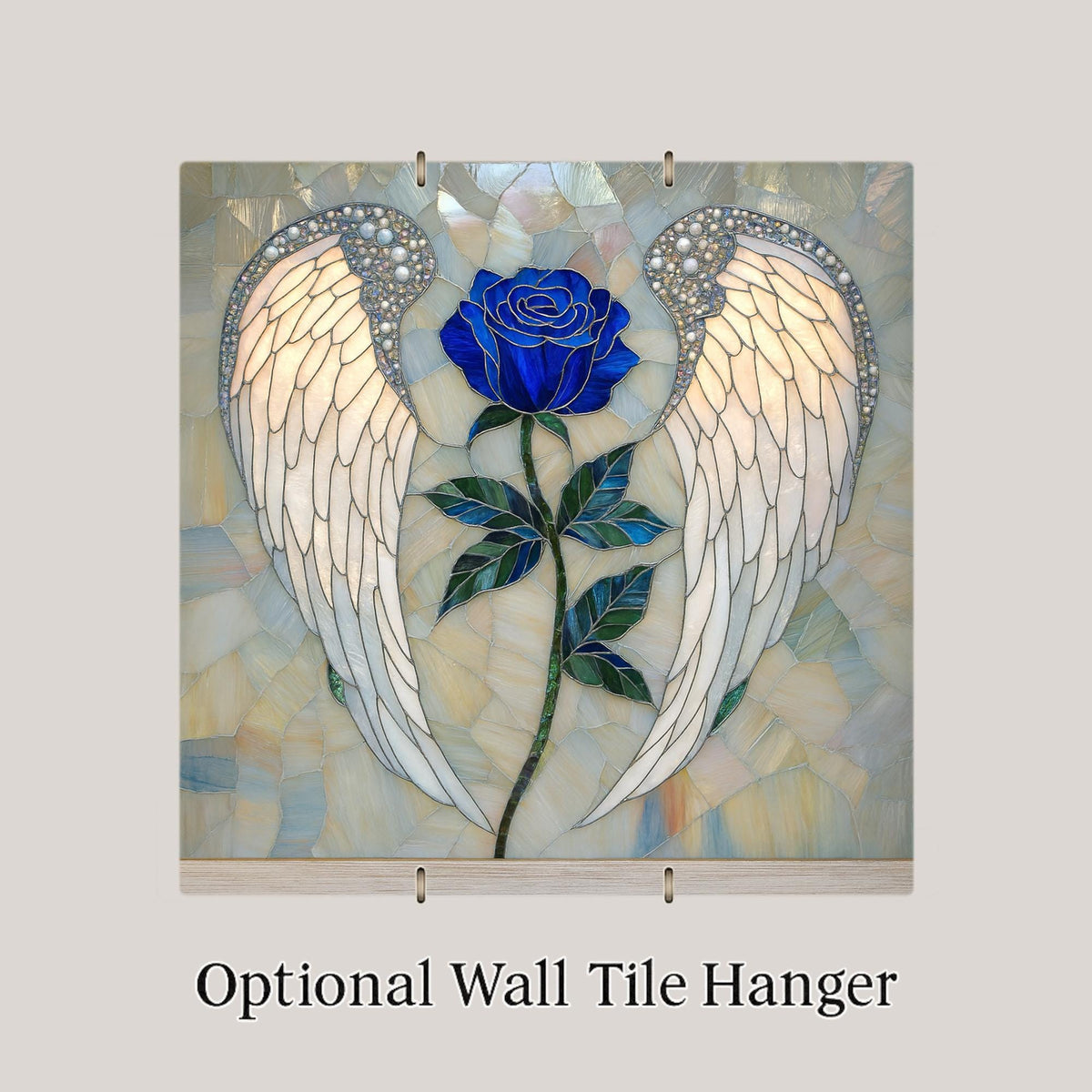 Angel Wings Blue Rose Stained Glass Style Ceramic Art Tile – Memorial Wall Decor, Sympathy Remembrance Gift