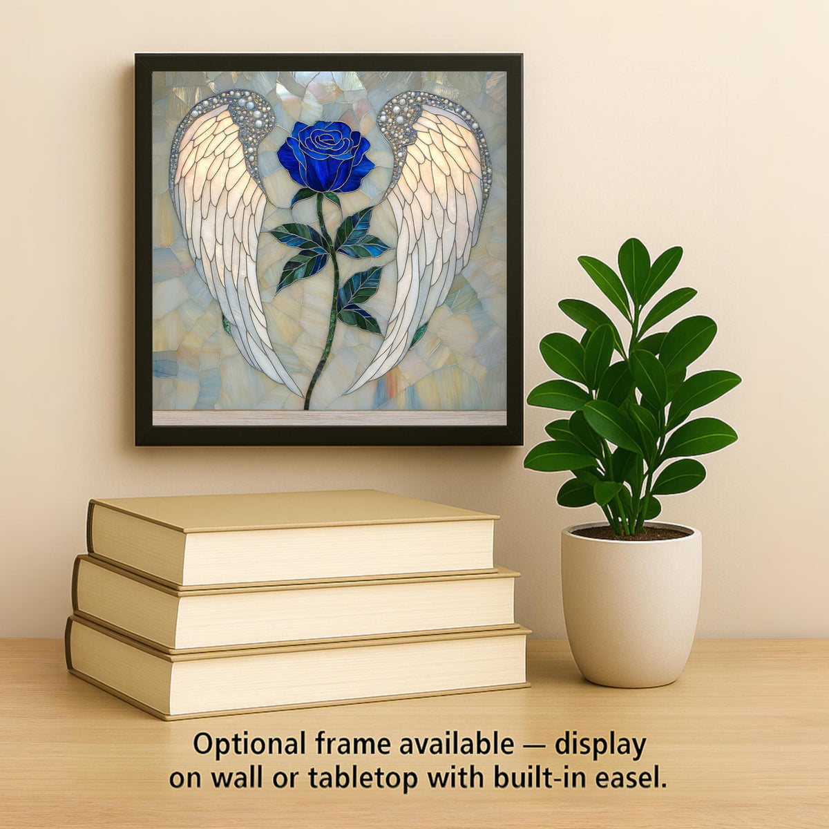 Angel Wings Blue Rose Stained Glass Style Ceramic Art Tile – Memorial Wall Decor, Sympathy Remembrance Gift
