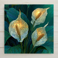 Stained glass style peace lily ceramic tile showing white spathe blooms with golden centers among deep green leaves on an emerald and teal glass background with leading, sympathy and memorial wall art
