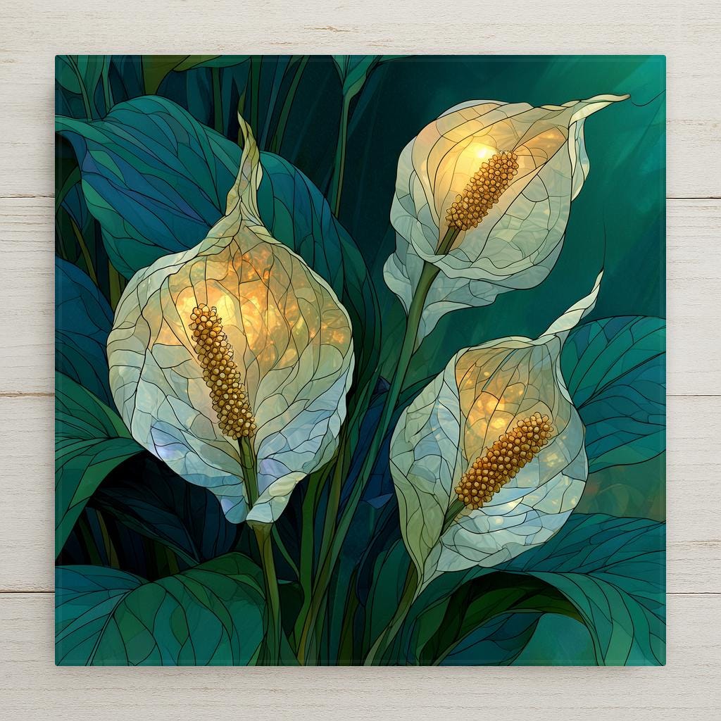 Stained glass style peace lily ceramic tile showing white spathe blooms with golden centers among deep green leaves on an emerald and teal glass background with leading, sympathy and memorial wall art