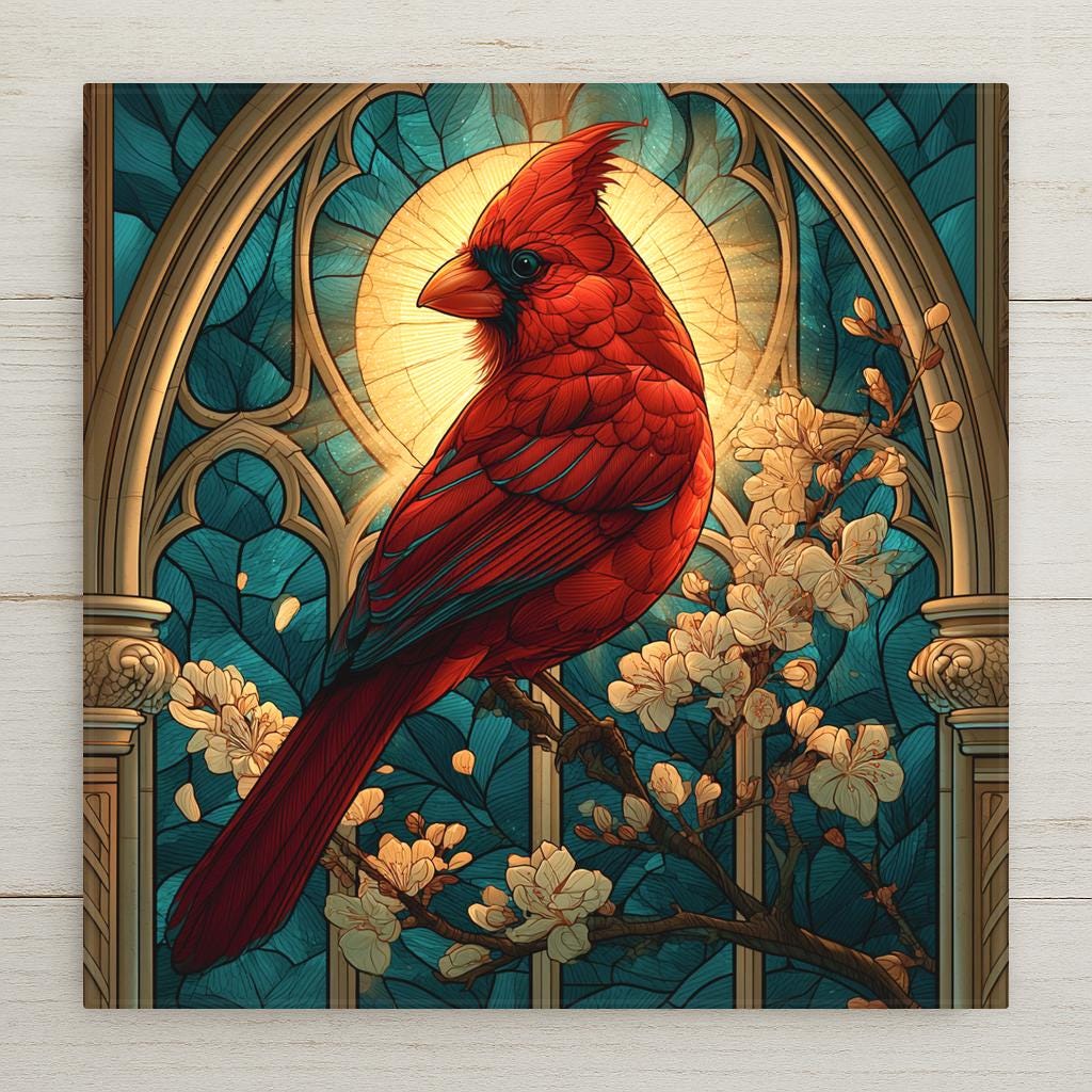 Stained glass style cardinal ceramic tile showing a ruby red cardinal on a blossoming branch inside a cathedral window arch with golden light behind it, memorial bird art and sympathy decor