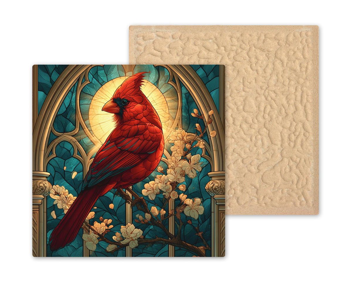 Cardinal Wall Art Ceramic Tile Stained Glass Style Memorial Bird Tile Cathedral Window Red Cardinal In Loving Memory