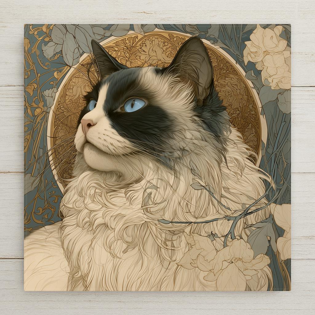 Art nouveau ragdoll cat ceramic tile showing a fluffy seal bicolor cat with bright blue eyes gazing upward within an ornate golden halo circle among botanical vines, cat memorial and remembrance wall art