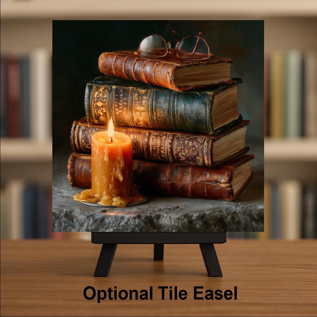 Book Lover Wall Art Ceramic Tile Dark Academia Decor Antique Books Candlelight Still Life Library Reading Nook Art