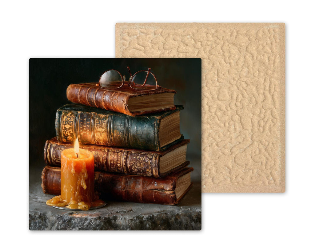 Book Lover Wall Art Ceramic Tile Dark Academia Decor Antique Books Candlelight Still Life Library Reading Nook Art