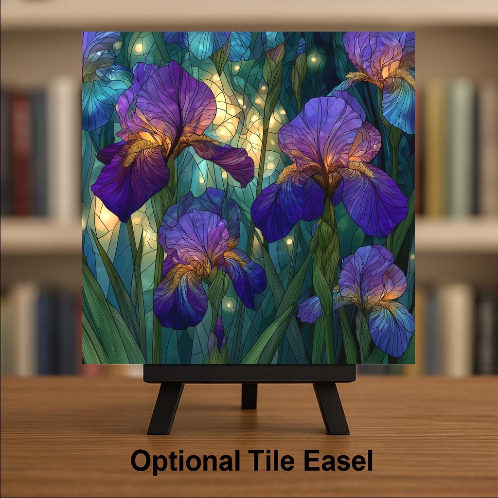 Iris Wall Art Ceramic Tile Stained Glass Style February Birth Flower Purple Iris In Loving Memory Botanical Nature Art