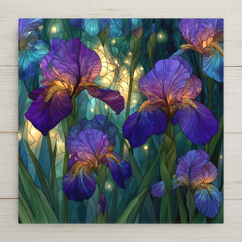 Stained glass style bearded iris ceramic tile showing purple and violet iris blooms with golden beards among green sword leaves on a dark emerald glass background with radiant light, February birth flower and memorial wall art