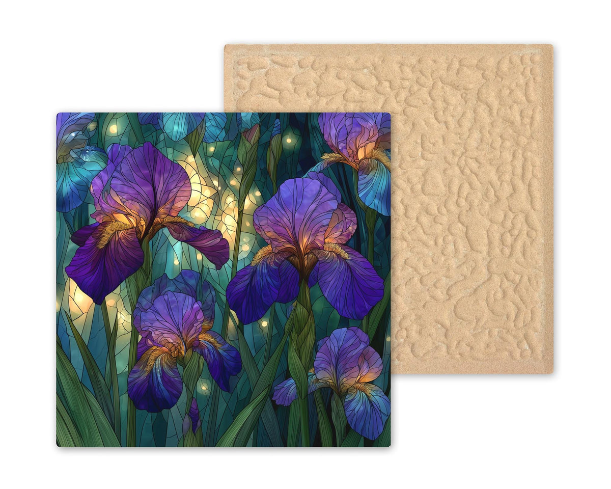 Iris Wall Art Ceramic Tile Stained Glass Style February Birth Flower Purple Iris In Loving Memory Botanical Nature Art
