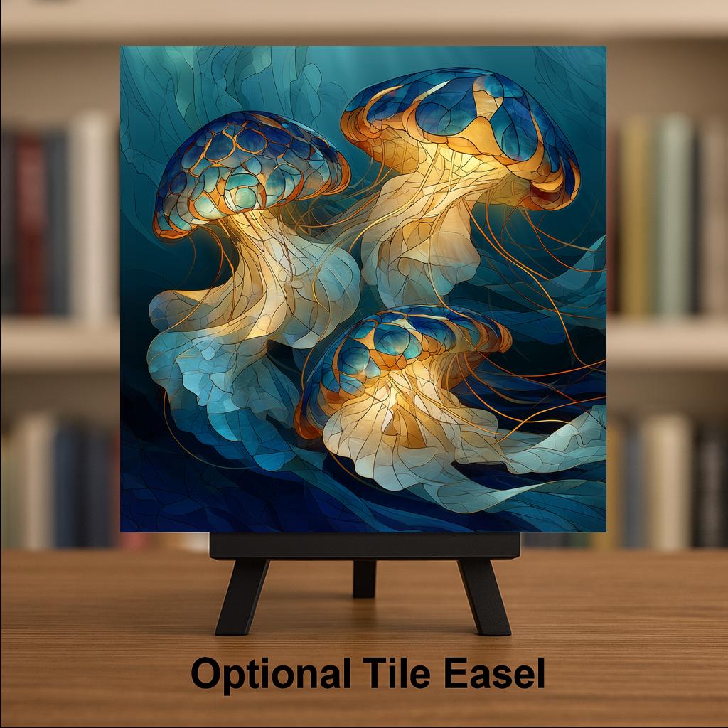 Jellyfish Wall Art Ceramic Tile Stained Glass Style Coastal Bathroom Decor Glowing Jellyfish Tile Ocean Nature Art