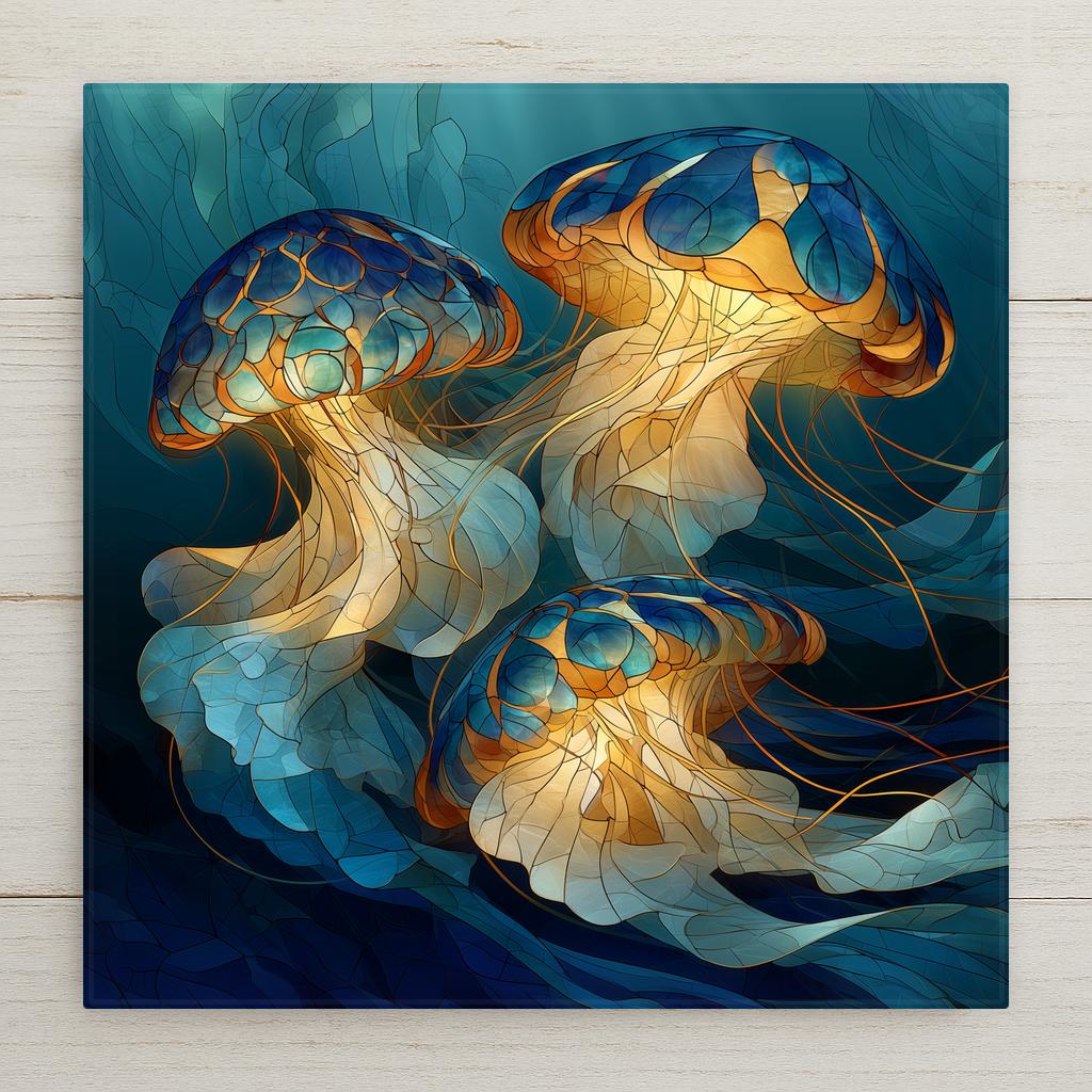 Stained glass style jellyfish ceramic tile showing translucent glowing jellyfish with trailing tentacles drifting through deep teal water with bold leading, coastal bathroom and ocean wall art