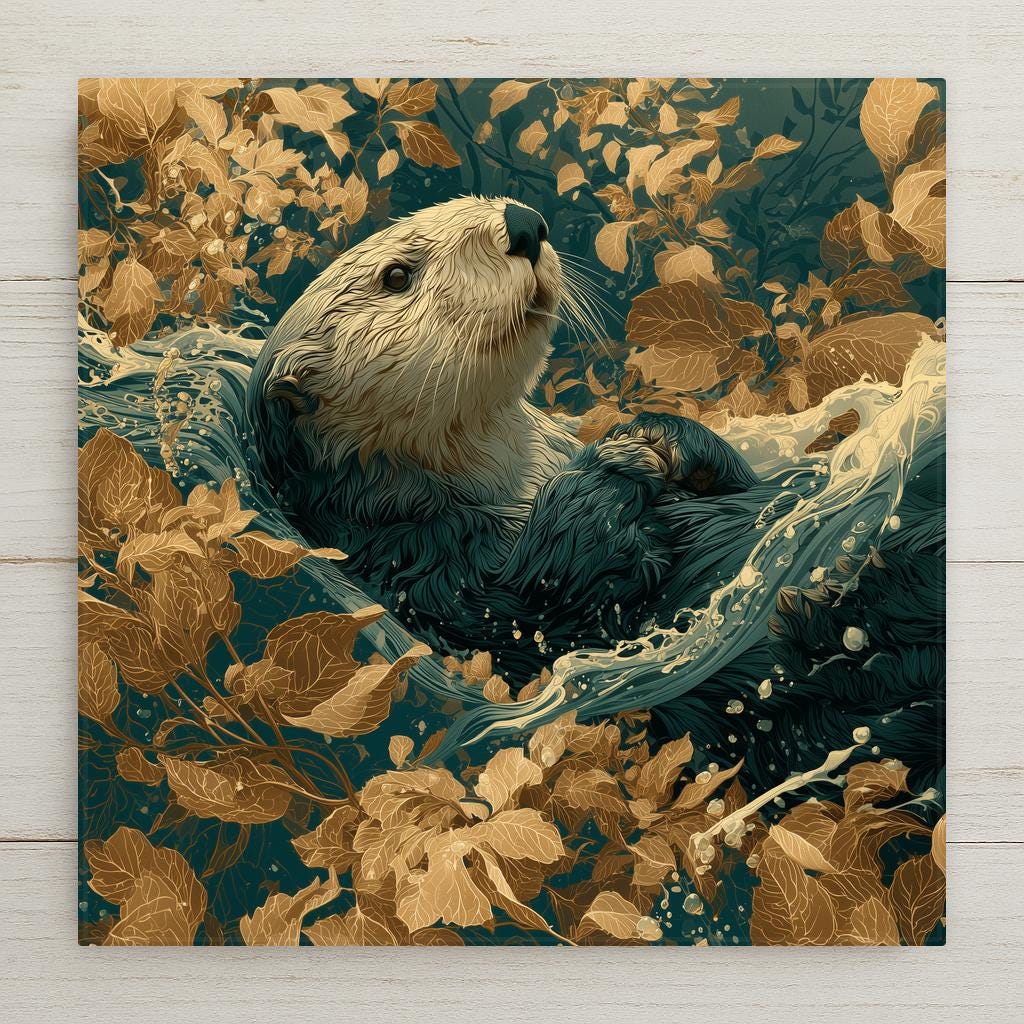 Art nouveau sea otter ceramic tile showing a sleek otter floating on its back with paws on its chest among flowing golden kelp fronds and water currents in sinuous decorative linework, Pacific Northwest coastal wall art