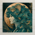 Art nouveau Medusa ceramic tile showing a serene powerful gorgon in profile with hair of coiling teal serpents with golden heads within a gold leaf halo against dark laurel branches, greek mythology and dark academia wall art