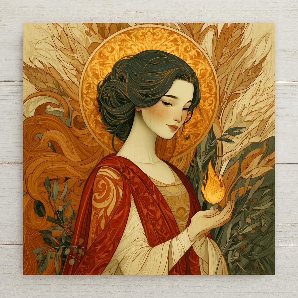 Art nouveau Hestia ceramic tile showing the greek goddess of the hearth holding a golden flame in cupped hands within a firelit halo among wheat and olive branches, housewarming and home wall art