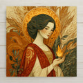 Art nouveau Hestia ceramic tile showing the greek goddess of the hearth holding a golden flame in cupped hands within a firelit halo among wheat and olive branches, housewarming and home wall art