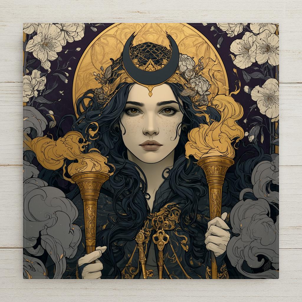 Art nouveau Hecate ceramic tile showing the greek goddess of witchcraft crowned with a dark crescent moon holding twin golden torches with keys at her collar, witchy dark academia wall art