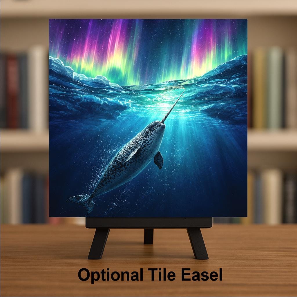 Narwhal Sea Unicorn Ceramic Art Tile – Aurora Ocean Decor, Coastal Beach House Accent
