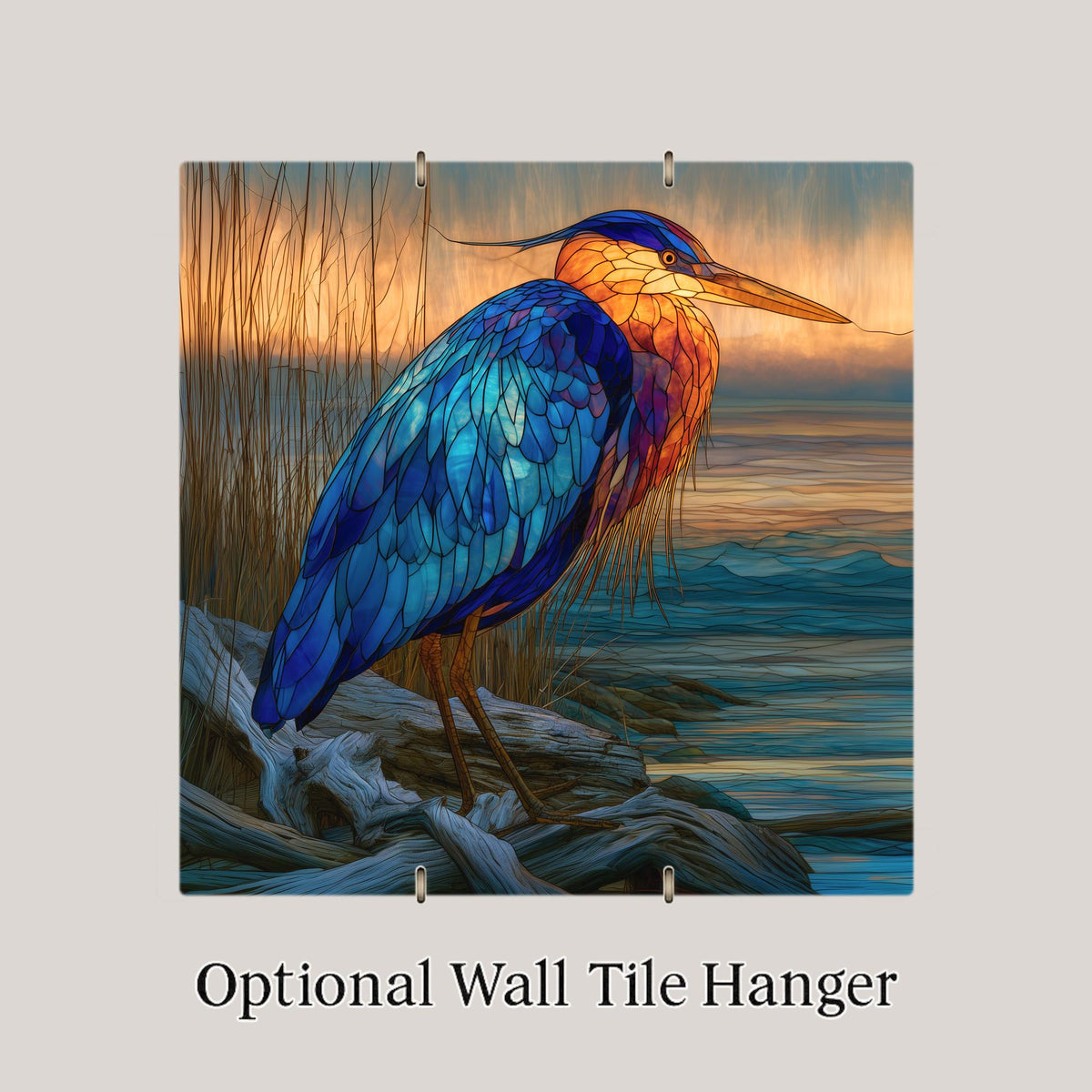 Heron Driftwood Ceramic Art Tile – Coastal Marsh Stained Glass Wall Art, Beach House Decor