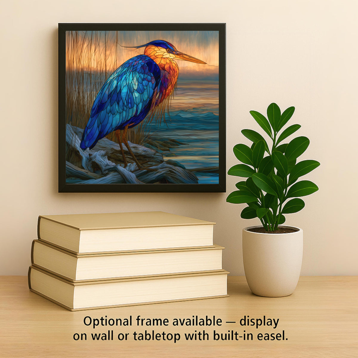 Heron Driftwood Ceramic Art Tile – Coastal Marsh Stained Glass Wall Art, Beach House Decor