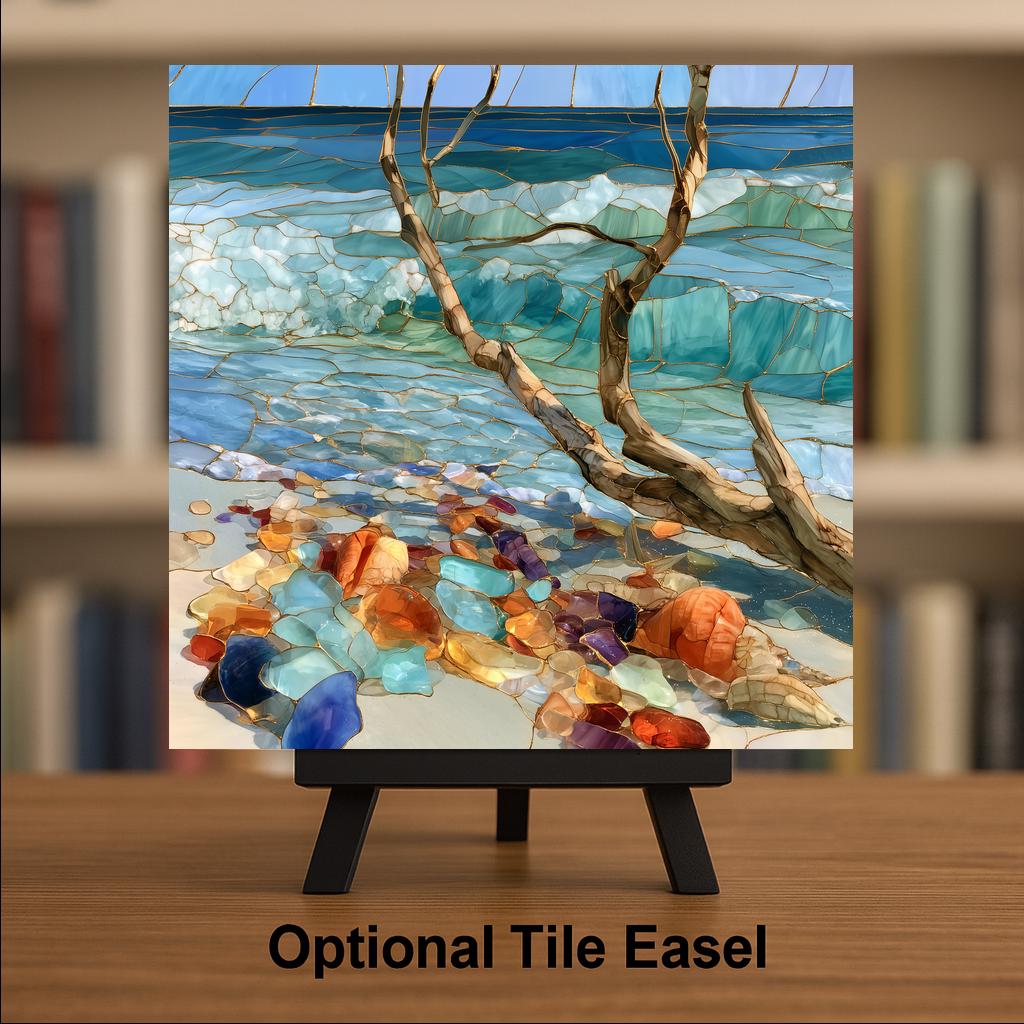 Driftwood Seashell Ceramic Art Tile – Coastal Beach Stained Glass Wall Art, Beach House Decor