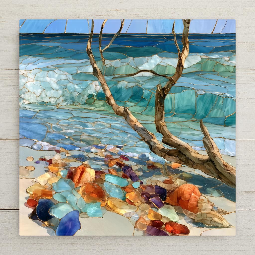 Sun-bleached driftwood with scattered seashells and sea glass rests on pale sand above gentle surf, rendered in warm stained-glass-style jewel tones on a ceramic tile.