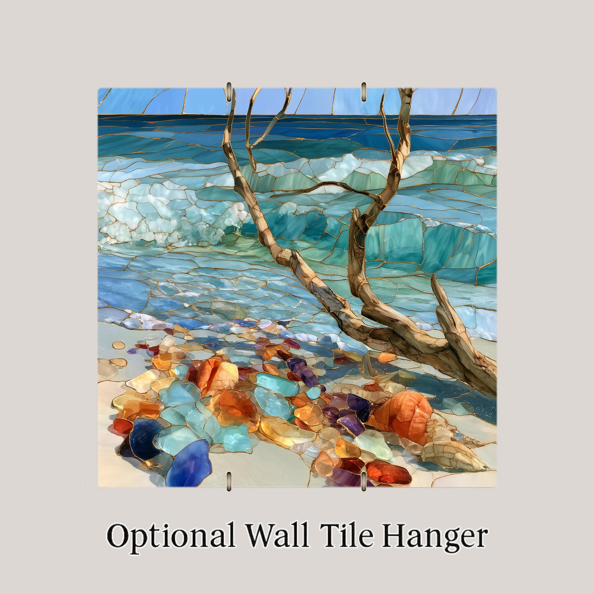 Driftwood Seashell Ceramic Art Tile – Coastal Beach Stained Glass Wall Art, Beach House Decor