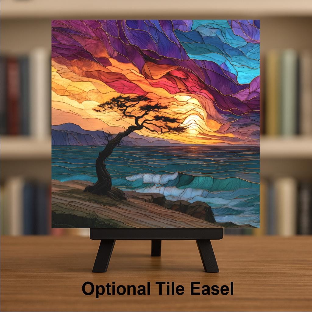 Driftwood Tree Ceramic Art Tile – Coastal Dune Stained Glass Wall Art, Beach House Decor