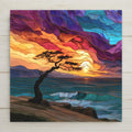 A lone windswept driftwood tree stands on a coastal dune above the ocean under a dramatic layered sky, rendered in luminous stained-glass-style jewel tones on a ceramic tile.