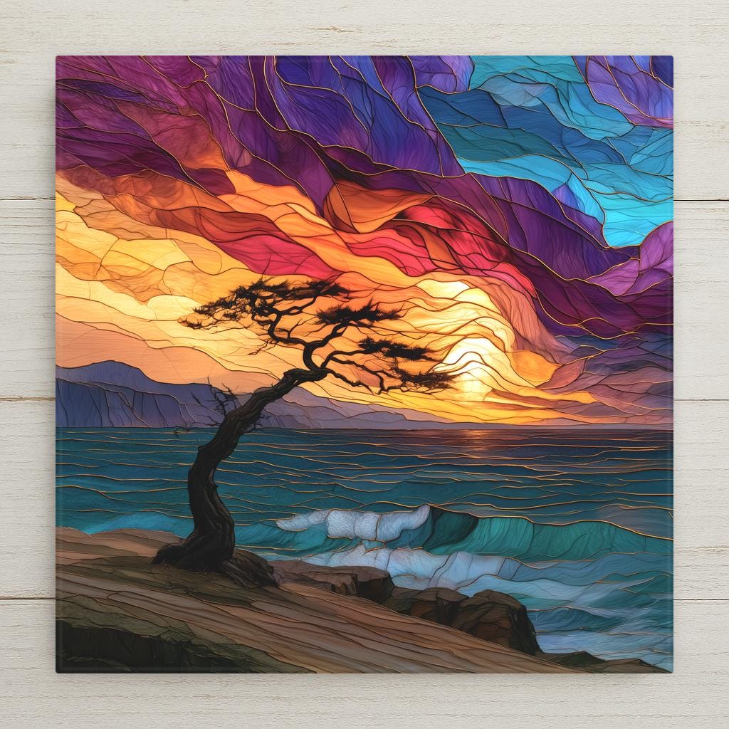 A lone windswept driftwood tree stands on a coastal dune above the ocean under a dramatic layered sky, rendered in luminous stained-glass-style jewel tones on a ceramic tile.