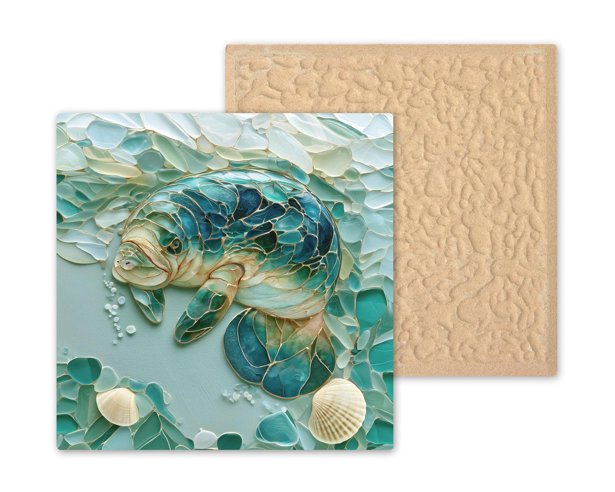 Manatee Wall Art Ceramic Tile Sea Glass Style Coastal Ocean Decor Turquoise Beach House Marine Animal Nature Art