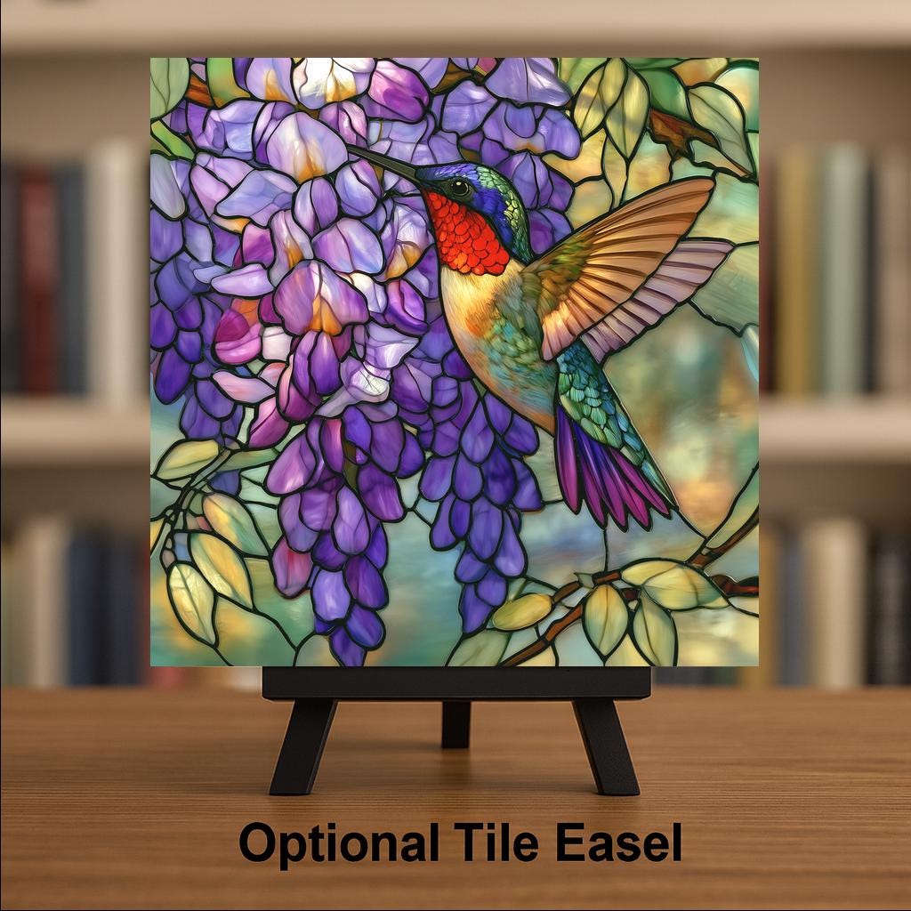 Hummingbird Wisteria Wall Art Ceramic Tile Stained Glass Style Purple Floral Bird Decor Garden Nature Art Spring