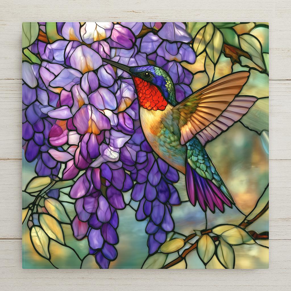 Stained glass style ceramic tile of a ruby throated hummingbird hovering at cascading purple wisteria blossoms with green leaves and golden light, luminous floral bird wall art