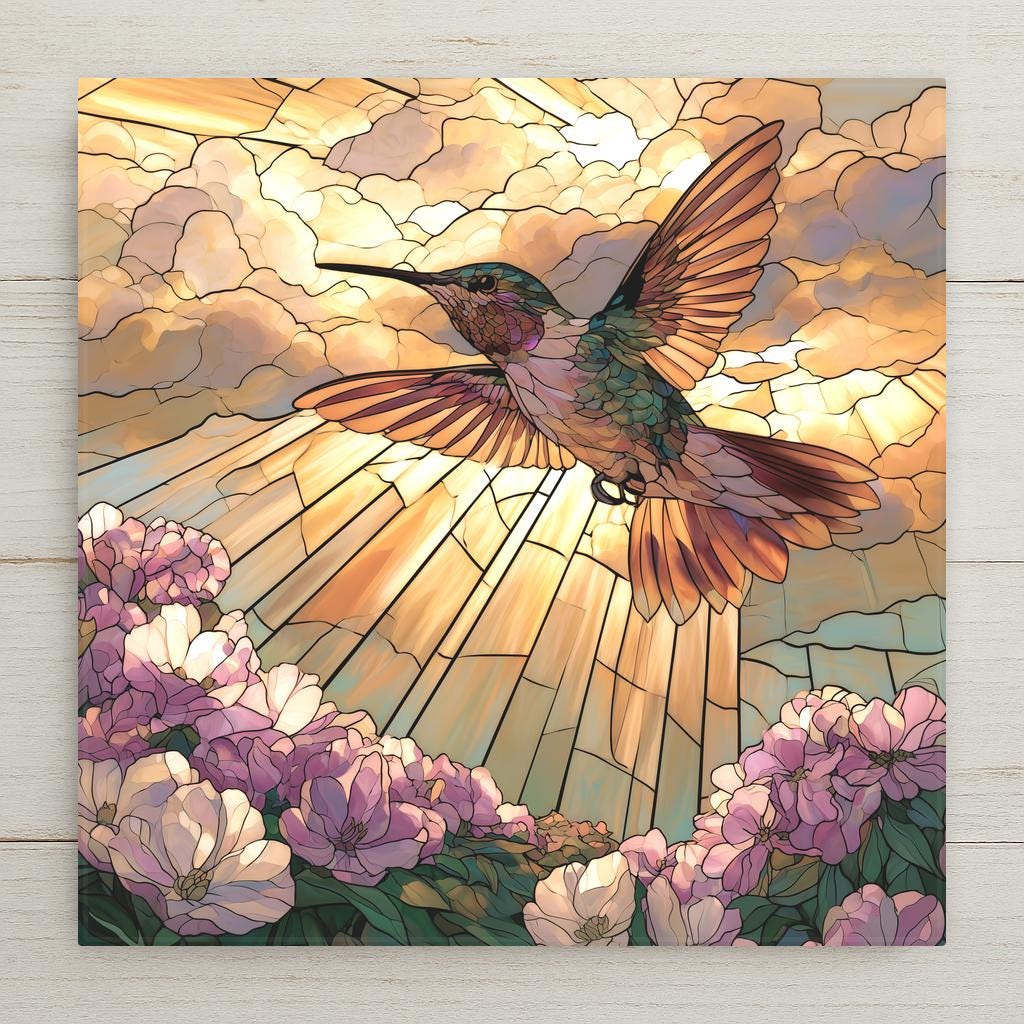 Stained glass style ceramic tile of a hummingbird hovering in a beam of golden light from above with soft pink and white flowers below, a memorial and sympathy keepsake
