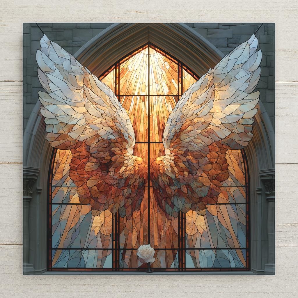 Stained glass style ceramic tile of luminous white and gold angel wings in a cathedral arch window with rays of golden light and a white rose, a memorial and sympathy keepsake