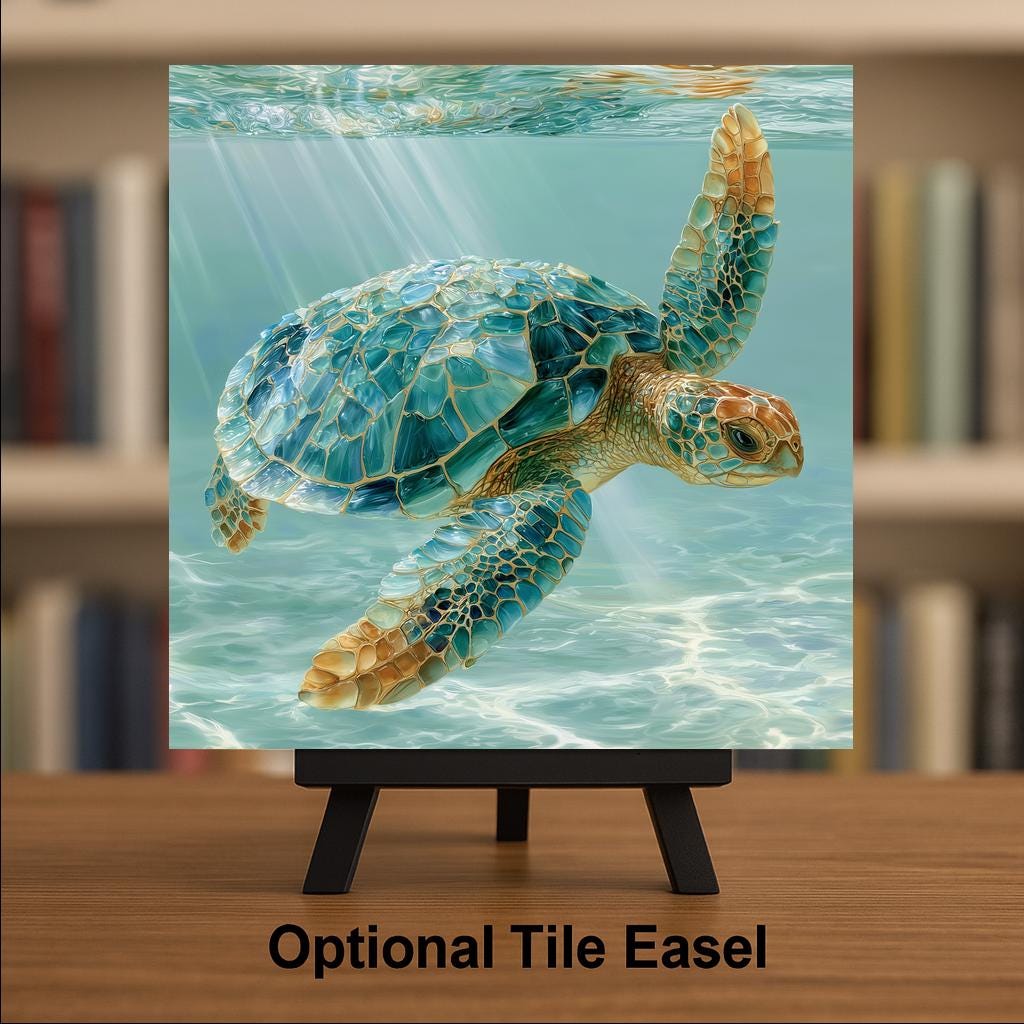 Sea Turtle Wall Art Ceramic Tile Sea Glass Style Coastal Ocean Decor Turquoise Beach House Nautical Nature Art