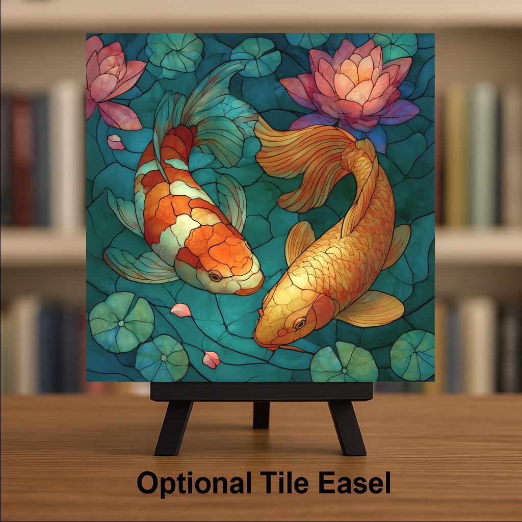 Koi Fish Lotus Ceramic Tile Wall Art Stained Glass Style Japanese Pond Decor Zen Meditation Asian Garden Nature Art