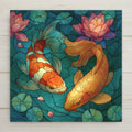 Stained glass style ceramic tile of two koi fish circling in a teal pond beneath pink lotus flowers and lily pads with drifting blossom petals, tranquil zen wall art
