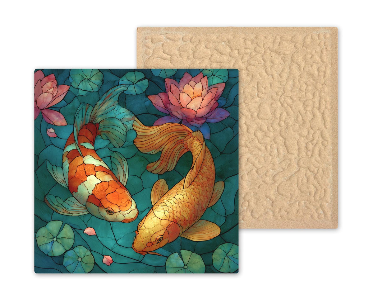 Koi Fish Lotus Ceramic Tile Wall Art Stained Glass Style Japanese Pond Decor Zen Meditation Asian Garden Nature Art