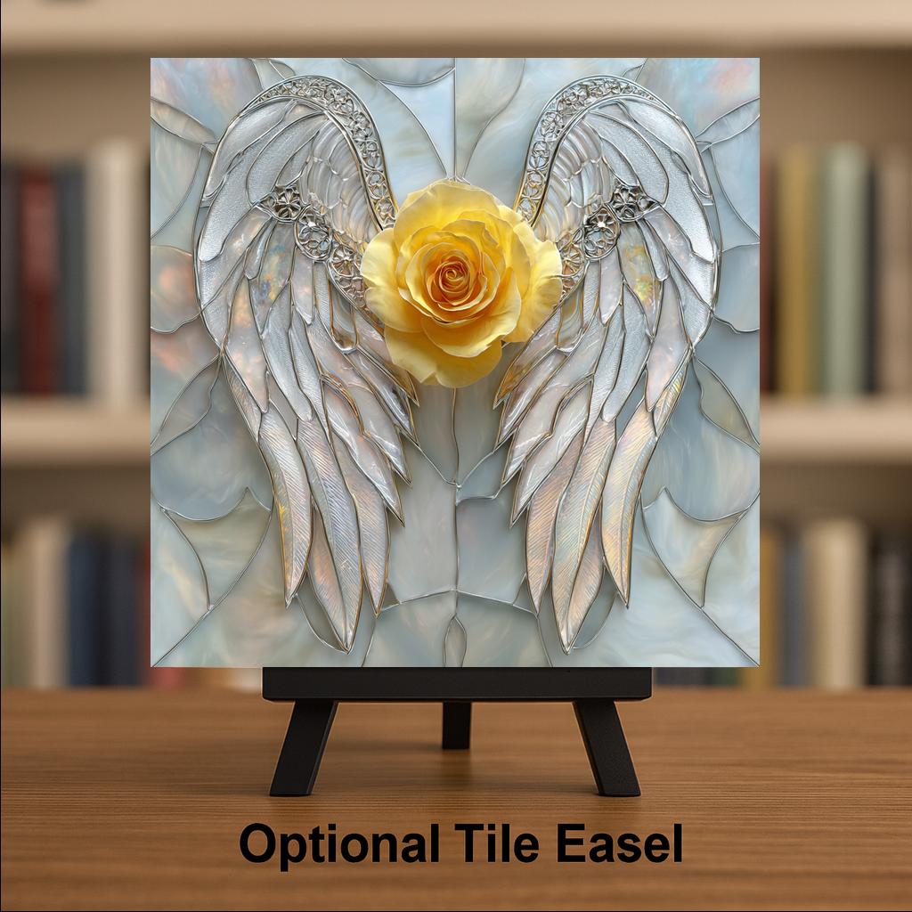 Angel Wings Yellow Rose Stained Glass Style Ceramic Art Tile – Memorial Wall Decor, Sympathy Remembrance Gift