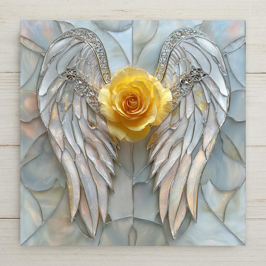 Stained glass style ceramic art tile showing pearly silver and opal angel wings with filigree detailing, cradling a single golden yellow rose at the center. Memorial and remembrance wall art.