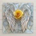 Stained glass style ceramic art tile showing pearly silver and opal angel wings with filigree detailing, cradling a single golden yellow rose at the center. Memorial and remembrance wall art.