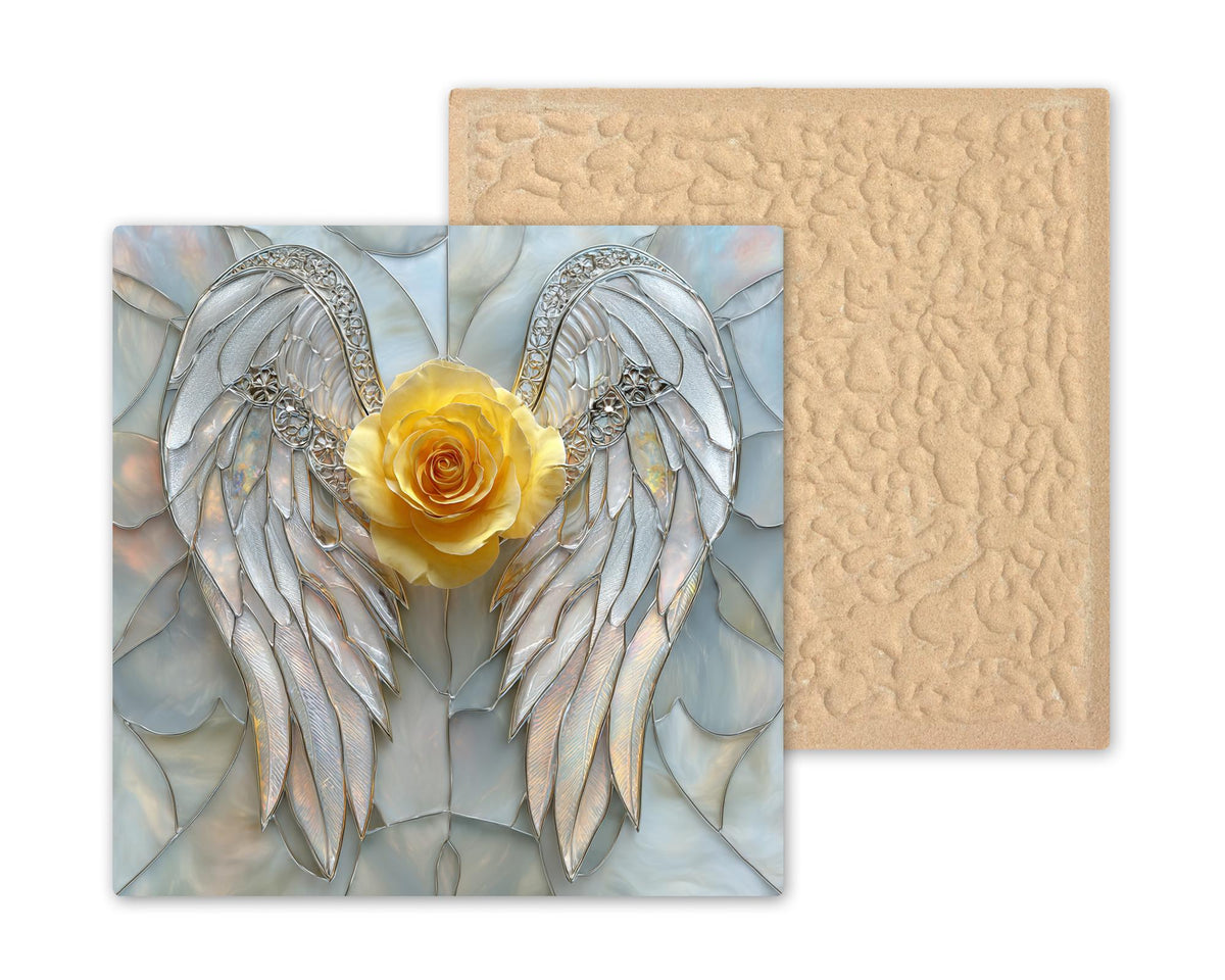 Angel Wings Yellow Rose Stained Glass Style Ceramic Art Tile – Memorial Wall Decor, Sympathy Remembrance Gift