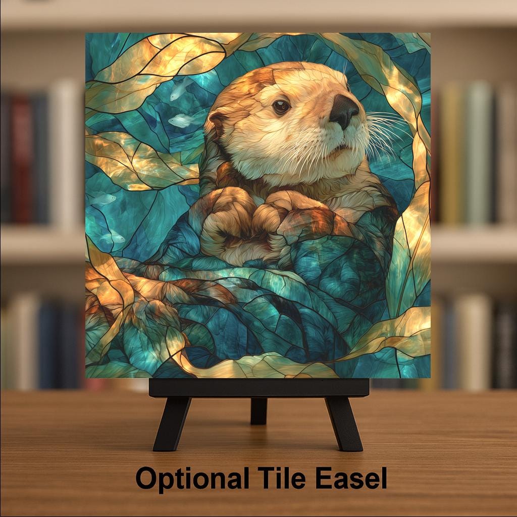 Sea Otter Wall Art Ceramic Tile Stained Glass Style Pacific Northwest Coastal Decor Kelp Ocean Wildlife Nature Art